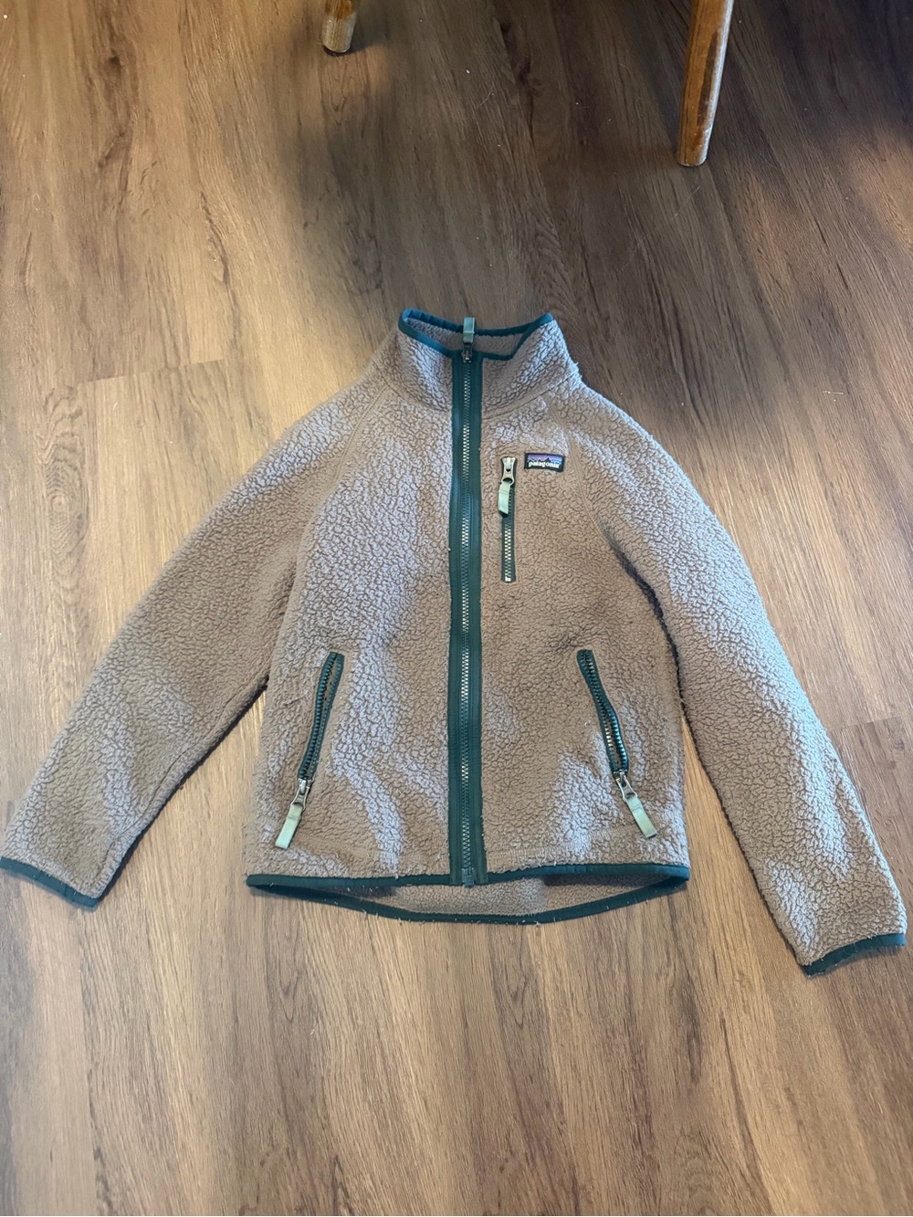 Kids Beige Sherpa Fleece Zip Jacket with Forest Trim